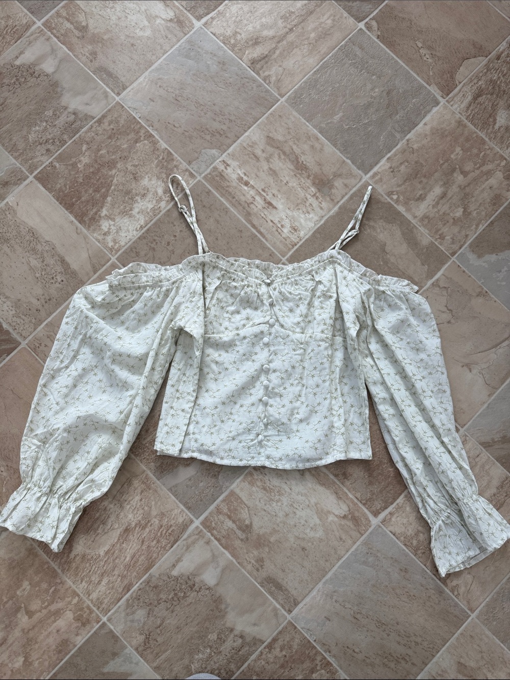 Off-Shoulder Eyelet Peasant Blouse in Light Cream